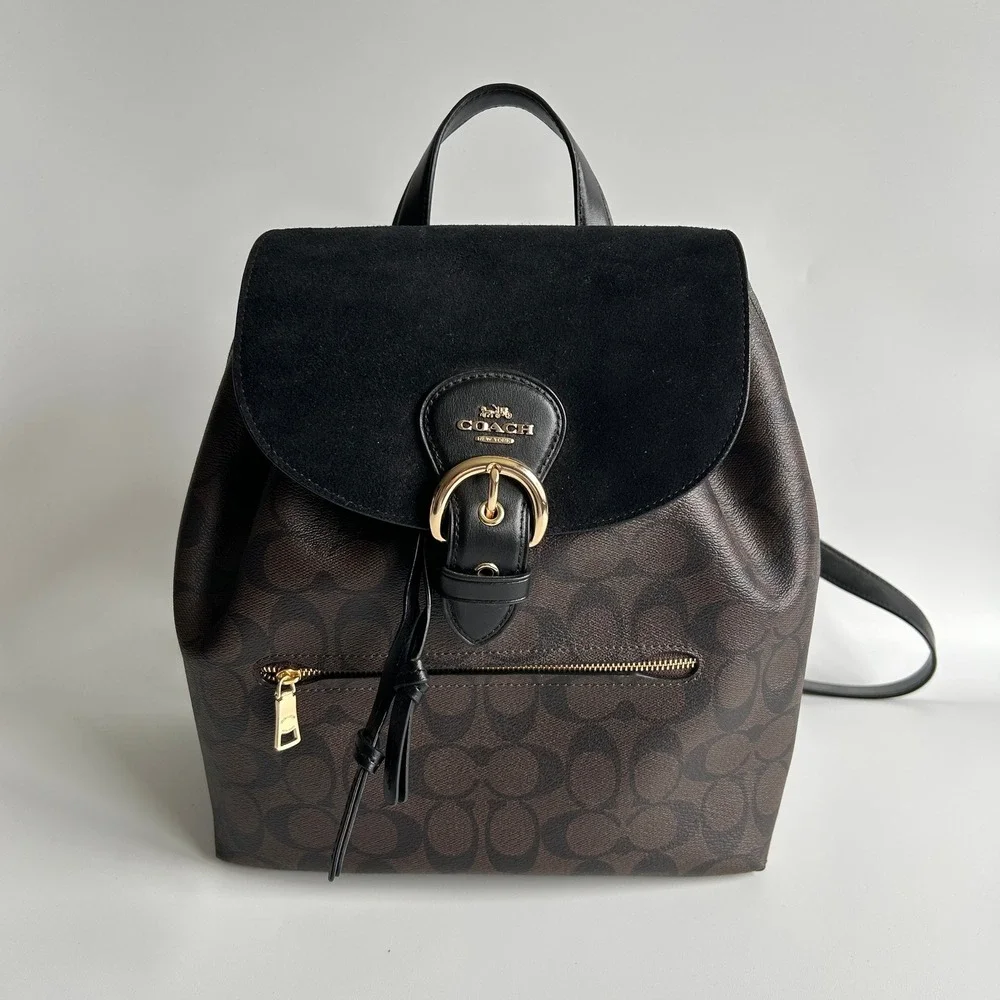 Coach Kleo Backpack Brown Black Signature Canvas Suede C5648 Excellent